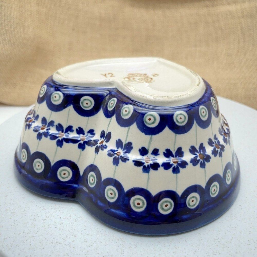 Boleslawiec Pottery Heart Shaped Bowl 6" Peacock Eye Flowers Dish Made in Poland - Picture 11 of 15